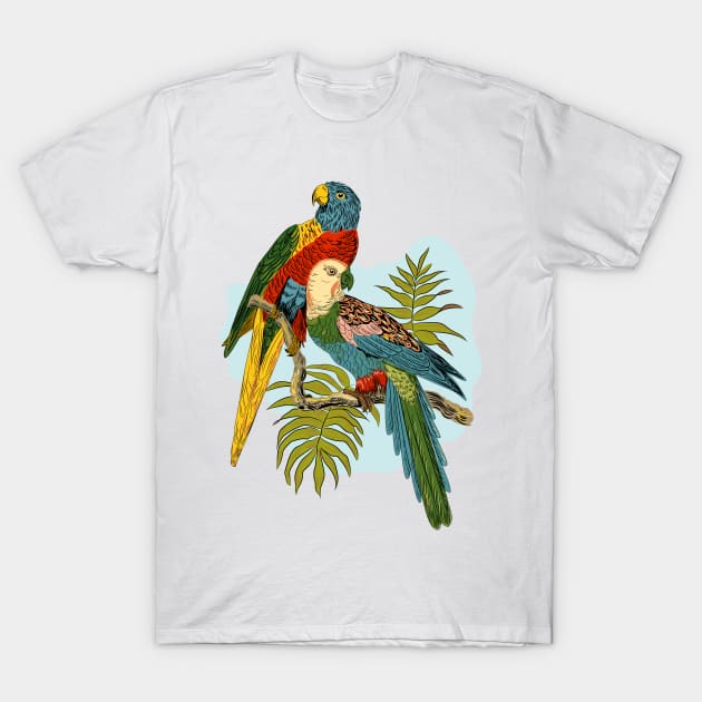 Two Colorful Parrots Tropical Plant Illustration T-Shirt by LizzyizzyDesign